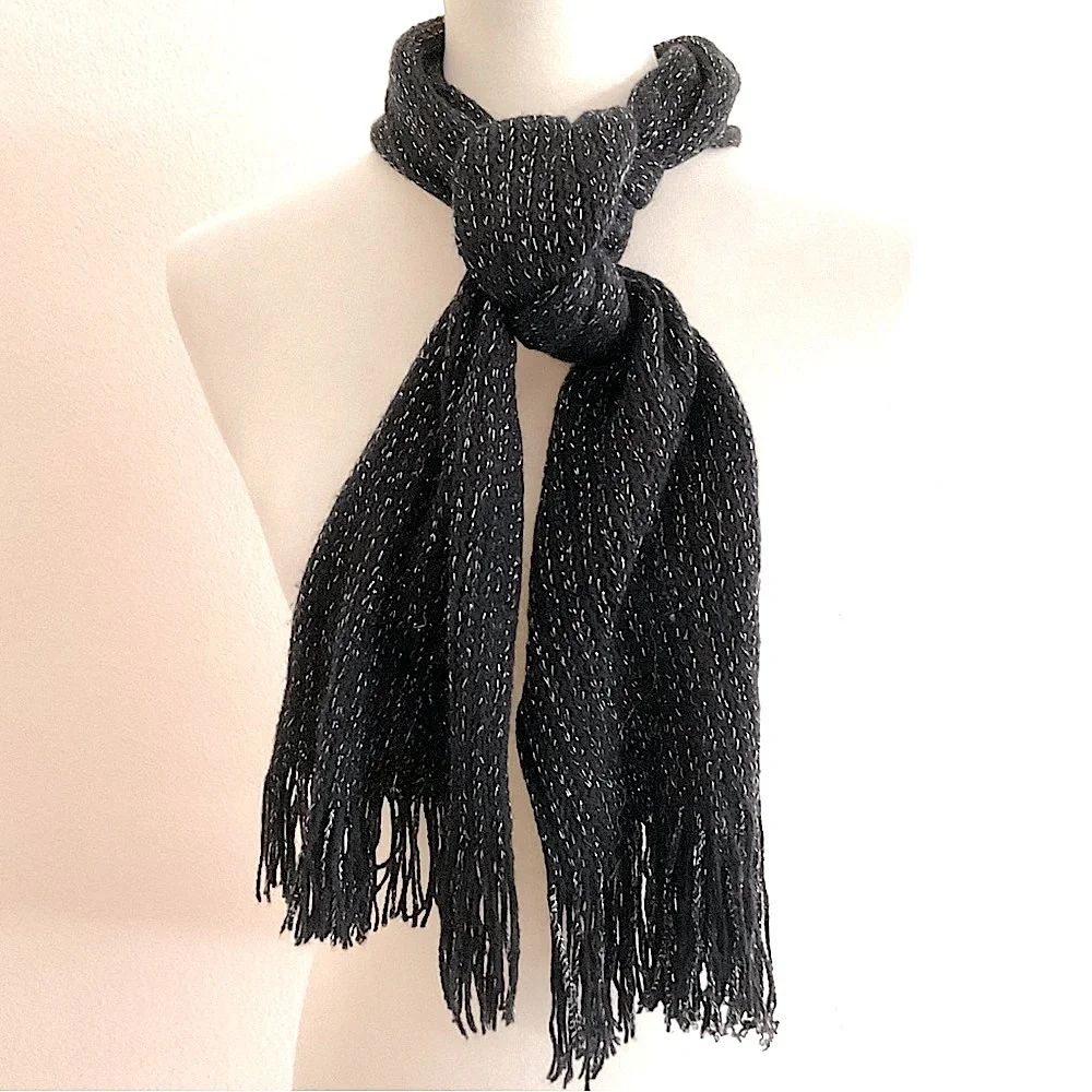 Thin Knit Scarf, Black Silver